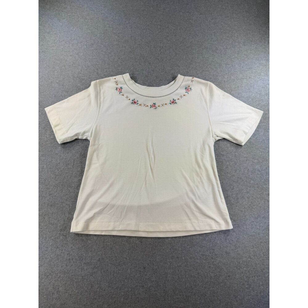 Jantzen Classics Embroidered Floral White Short Sleeve Top Women's Medium
